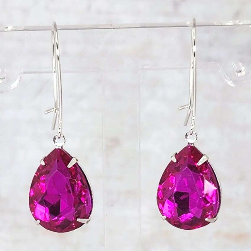 Crystal star earrings with teardrop, Unique fuchsia star of David sold earrings, Beaded earrings gift for women